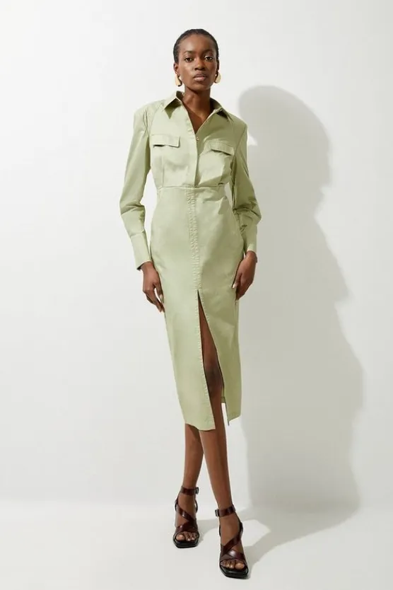 Karen Millen Cotton Sateen Woven Cargo Shirt Midi Dress khaki Fashion