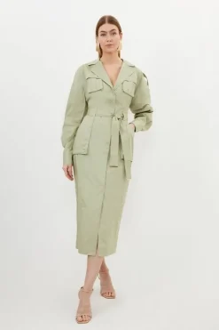 Karen Millen Cotton Sateen Woven Midi Shirt Dress khaki Hot