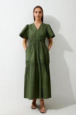 Karen Millen Cotton Woven Shirred Tiered Short Sleeve Maxi Dress khaki Sale
