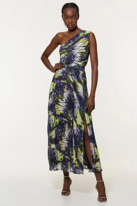 Karen Millen Crinkle Feather Print Woven One Shoulder Midaxi Dress multi New