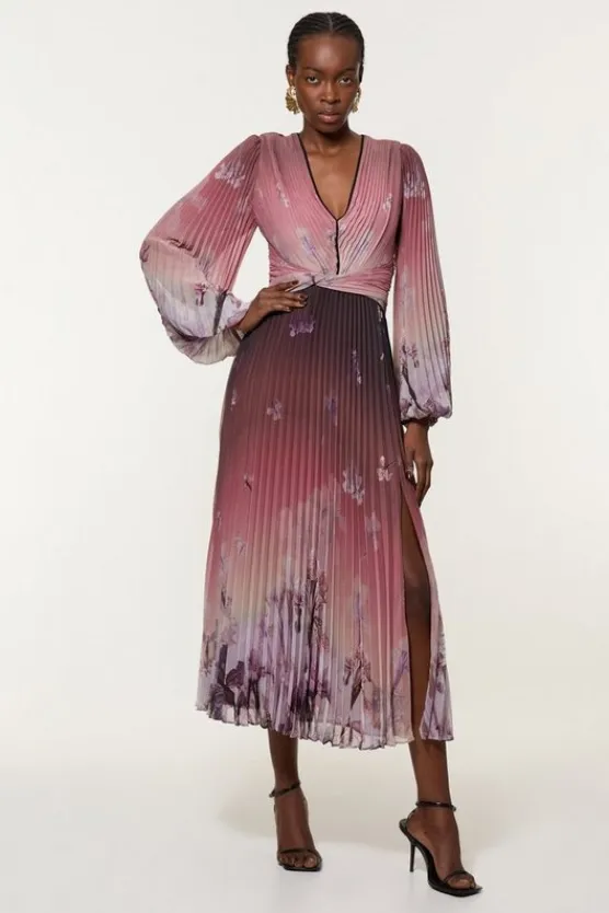 Karen Millen Crinkle Pleat Border Balloon Sleeve Woven Midi Dress floral Clearance