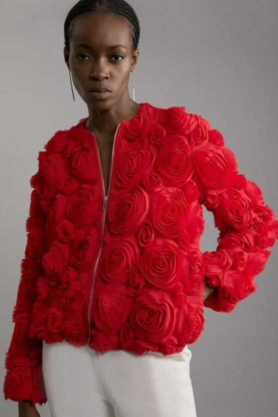 Karen Millen Crinkle Rosette Woven Mini Skirt & Bomber Co-Ord red Hot