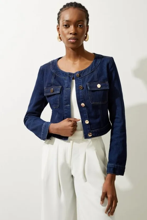 Karen Millen Cropped Denim Pocket Detail Jacket indigo Discount