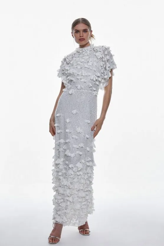 Karen Millen Crystal Applique Angel Sleeve Woven Maxi Dress ivory Clearance