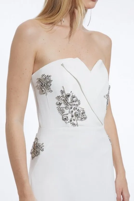 Karen Millen Crystal Embellished Bandeau Tailored Maxi Dress ivory Clearance
