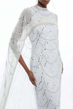 Karen Millen Crystal Embellished Cape Detail Maxi Dress silver Fashion