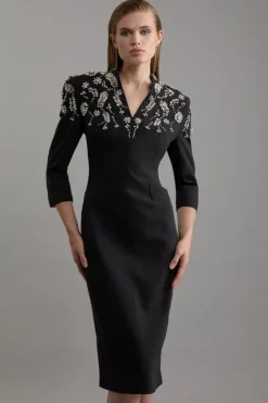 Karen Millen Crystal Embellished Compact Stretch Tailored Forever Dress black Best