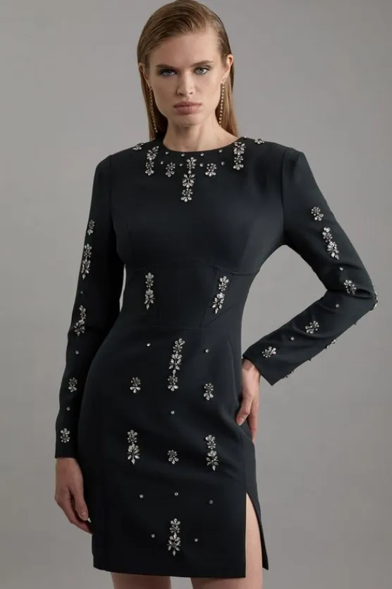 Karen Millen Crystal Embellished Corset Detail Woven Mini Dress black New