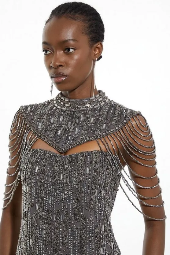 Karen Millen Crystal Embellished Detachable Cape Maxi Dress black Clearance
