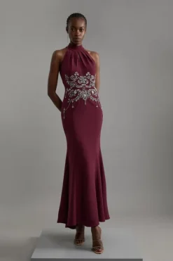 Karen Millen Crystal Embellished Halter Maxi Dress plum Online