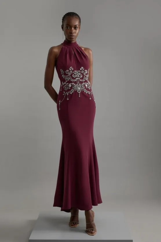 Karen Millen Crystal Embellished Halter Maxi Dress plum Online