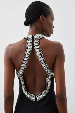 Karen Millen Crystal Embellished Halter Woven Maxi Dress black Outlet