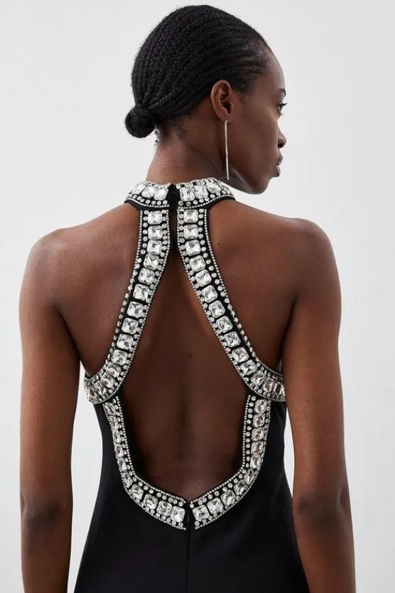 Karen Millen Crystal Embellished Halter Woven Maxi Dress black Outlet