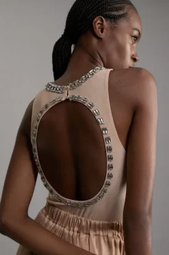 Karen Millen Crystal Embellished Power Mesh Jersey Bodysuit nude Discount