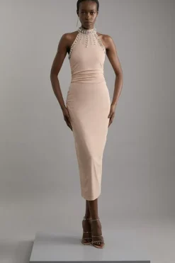 Karen Millen Crystal Embellished Power Mesh Jersey Midi Dress nude Clearance