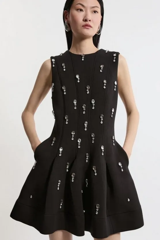 Karen Millen Crystal Embellished Premium Scuba Jersey Mini Dress black New