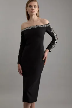 Karen Millen Crystal Embellished Scalloped Off The Shoulder Tailored Midaxi Dress black Fashion