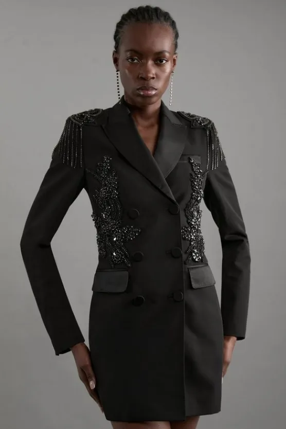 Karen Millen Crystal Embellished Tailored Tuxedo Blazer Mini Dress black Sale