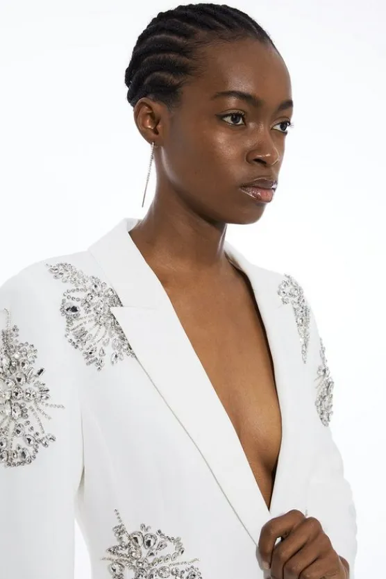 Karen Millen Crystal Embellished Tailored Single Breasted Longline Blazer ivory Discount