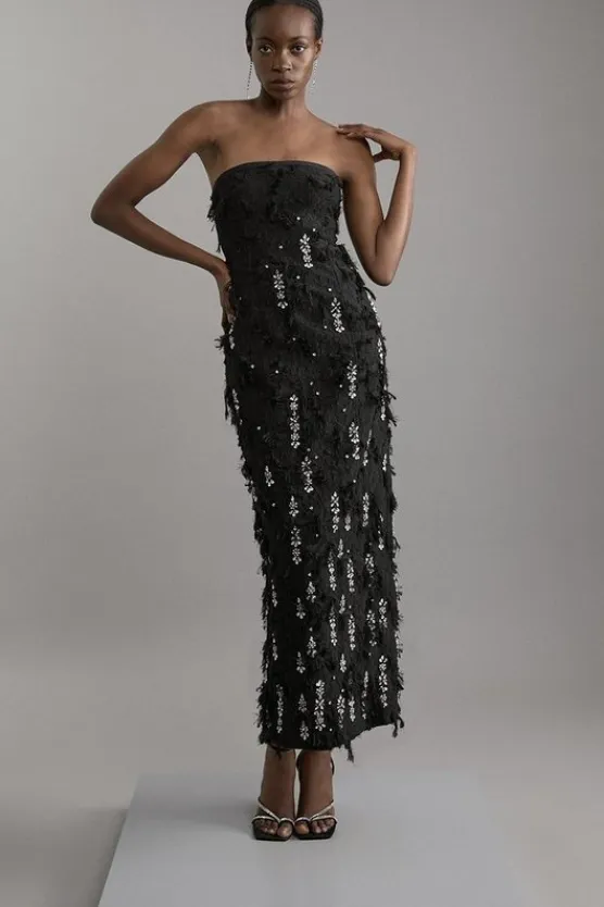 Karen Millen Crystal Embellished Textured Jacquard Bandeau Tailored Midaxi Dress black Sale