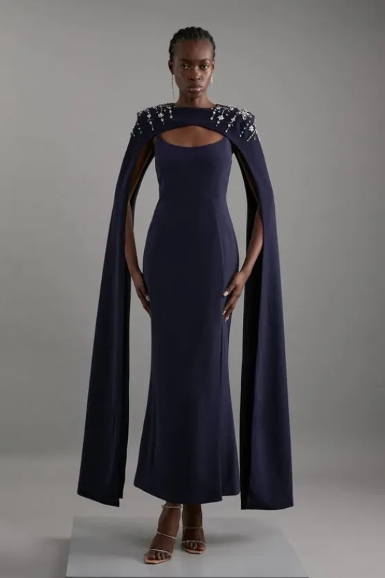 Karen Millen Crystal Embellished Viscose Crepe Maxi Dress With Detachable Cape navy Clearance