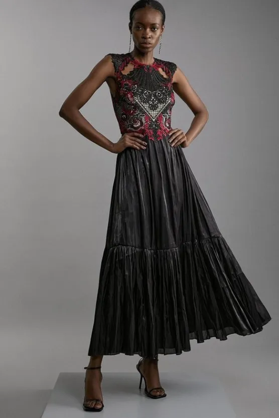 Karen Millen Cutwork Embroidery Pleated Maxi Dress black New