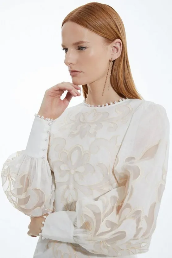 Karen Millen Cutwork Organdie Balloon Sleeve Woven Midi Dress ivory Clearance