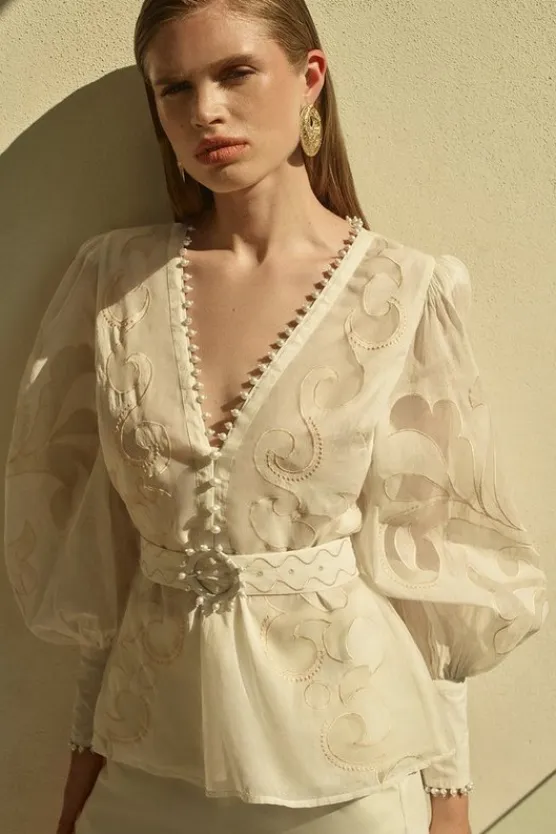 Karen Millen Cutwork Organdie Woven Balloon Sleeve Blouse ivory Sale