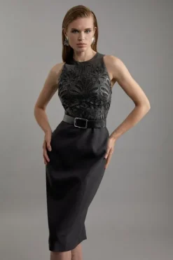 Karen Millen Cutwork Pu Halter Neck Belted Tailored Midi Dress black Fashion