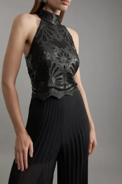 Karen Millen Cutwork Pu Halter Neck Pleated Wide Leg Tailored Jumpsuit black Discount
