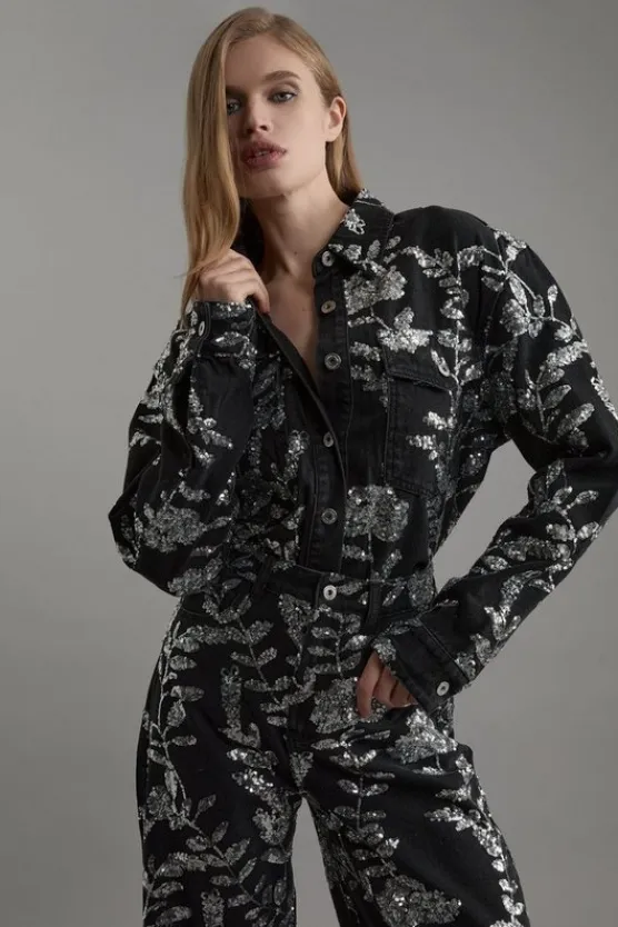 Karen Millen Denim All Over Floral Sequin Jacket black Discount