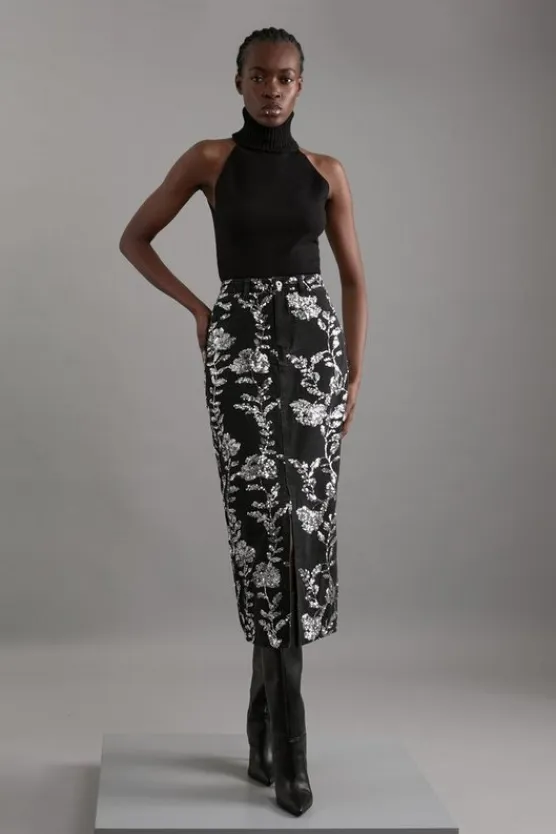 Karen Millen Denim All Over Floral Sequin Skirt black Online