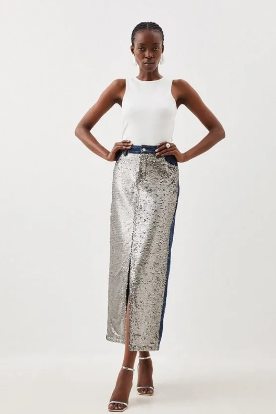Karen Millen Denim & Sequin Maxi Skirt midblue Outlet