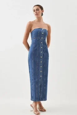 Karen Millen Denim Bandeau Button Midi Dress midwash Hot