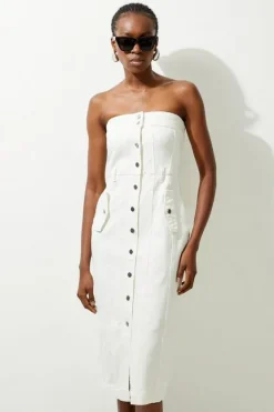 Karen Millen Denim Bandeau Button Through Maxi Dress ivory Sale