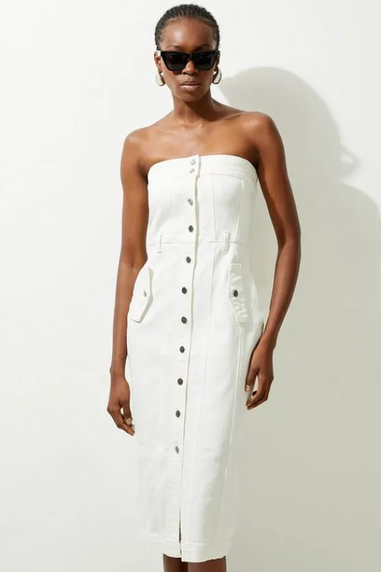 Karen Millen Denim Bandeau Button Through Maxi Dress ivory Sale