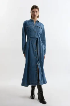 Karen Millen Denim Collared Belted Maxi Dress midblue Sale