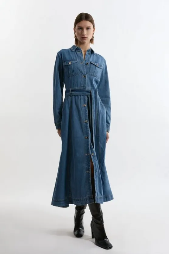 Karen Millen Denim Collared Belted Maxi Dress midblue Sale