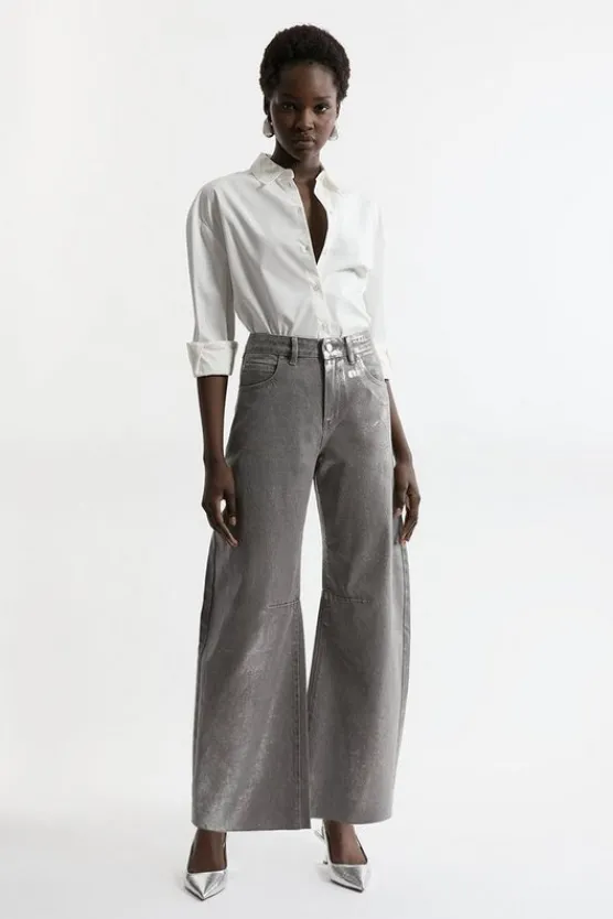 Karen Millen Denim Foiled Wide Leg Jeans darkgrey New