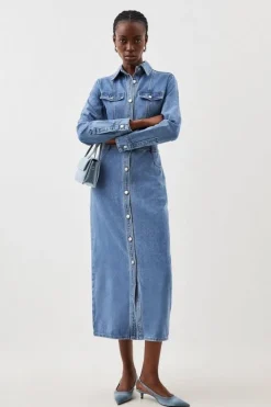 Karen Millen Denim Long Sleeve Midi Shirt Dress midwash Outlet