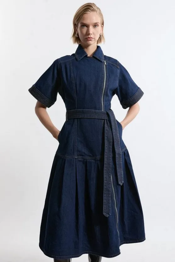 Karen Millen Denim Pleated Hem Biker Dress darkwash Fashion