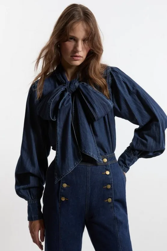 Karen Millen Denim Pussybow Denim Blouse indigo Outlet