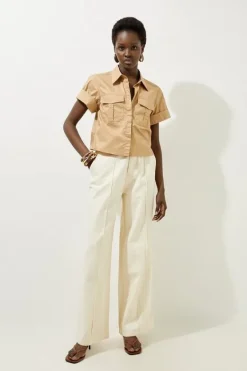 Karen Millen Denim Waistband Detail Wide Leg Pants cream Fashion