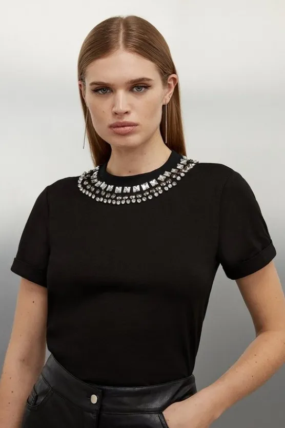 Karen Millen Diamante Trim Cotton T-Shirt black Hot