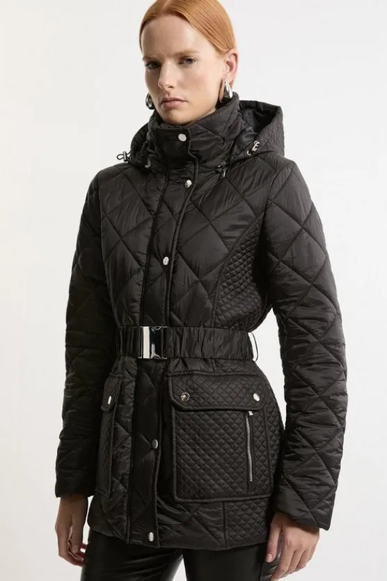 Karen Millen Diamond Quilted Belted Short Padded Coat black Clearance