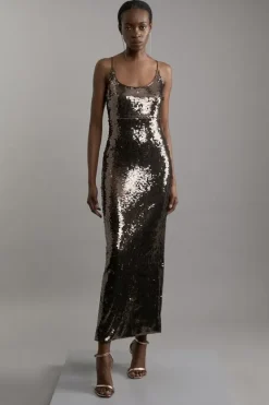 Karen Millen Disc Sequin Strappy Woven Midi Dress gunmetal Best