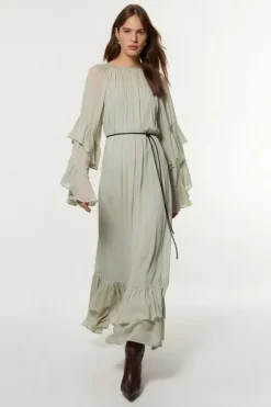 Karen Millen Drama Kimono Viscose Georgette Woven Maxi Dress With PU Belt sage Clearance