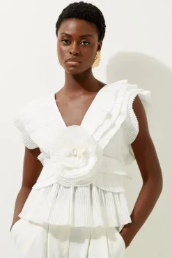 Karen Millen Drama Pleat Ruffle Rosette Woven Top white New
