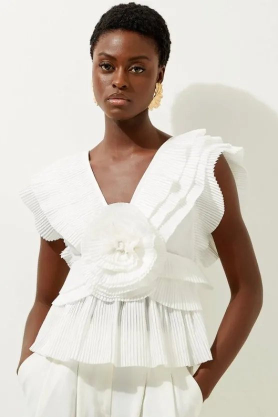Karen Millen Drama Pleat Ruffle Rosette Woven Top white New
