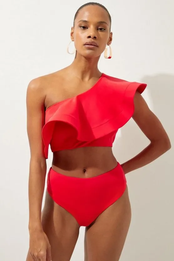 Karen Millen Drama Ruffle One Shoulder Bikini Top red Clearance